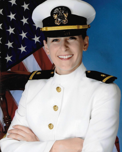 Professional headshot photograph of med student Morgan Fuller (DO '21) wearing her US Navy whites