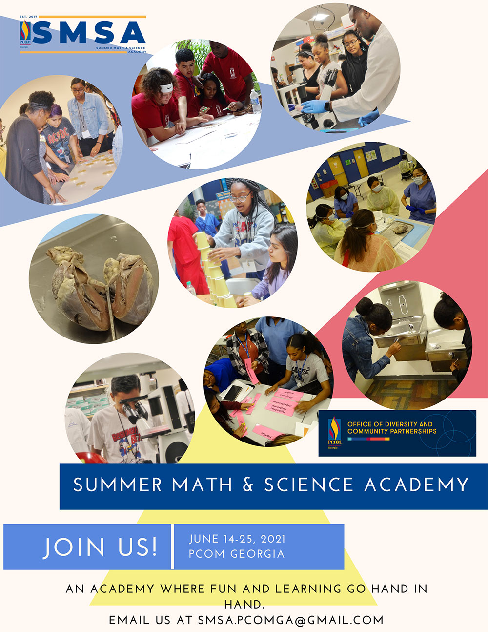 Promotional poster for the PCOM Georgia Summer Math and Science Academy, a summer STEAM program for Atlanta area high school students