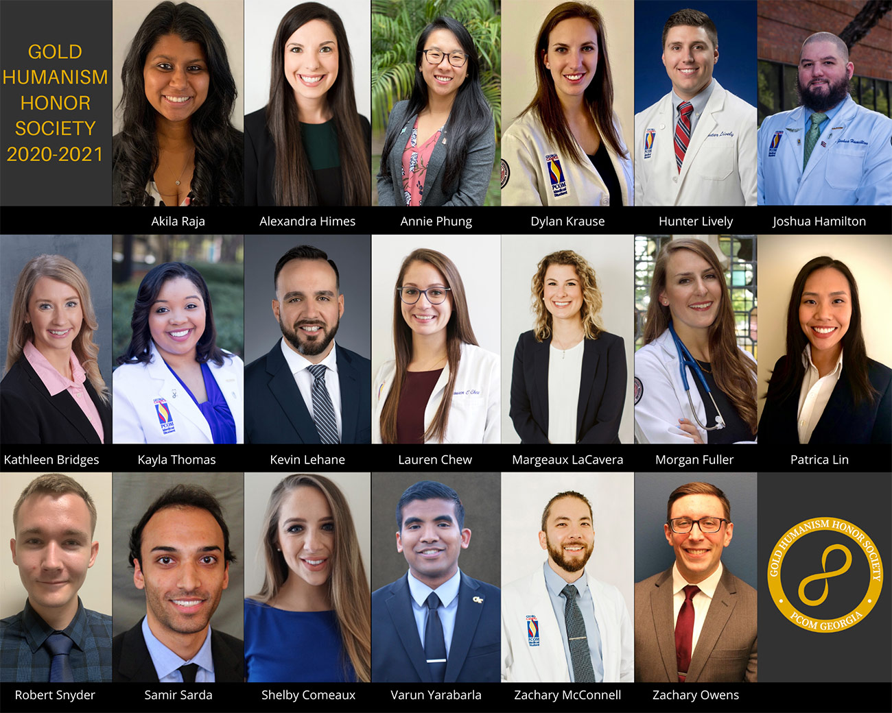 Composite image of headshot photos of PCOM Georgia medical students inducted into the Gold Humanism Honor Society