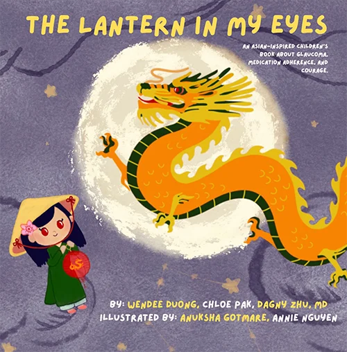 Book cover of The Lantern in My Eyes featuring a little girl gazing at an orange moon dragon