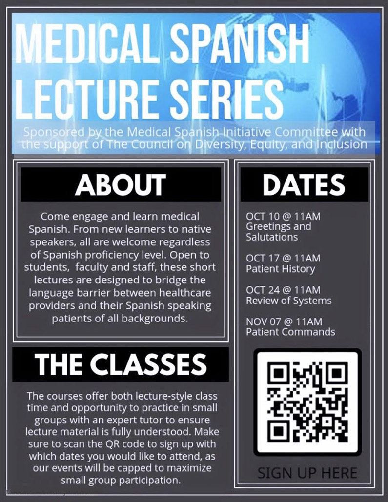 The Medical Spanish Lecture Series will take place virtually on Saturdays Flyer showcasing the online event Medical Spanish Lecture Series hosted by PCOM Georgia students in October and November 2020