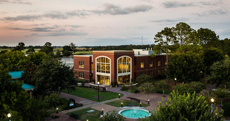 Aerial shot at dusk of Abraham Baldwin Agricultural College (ABAC)'s campus