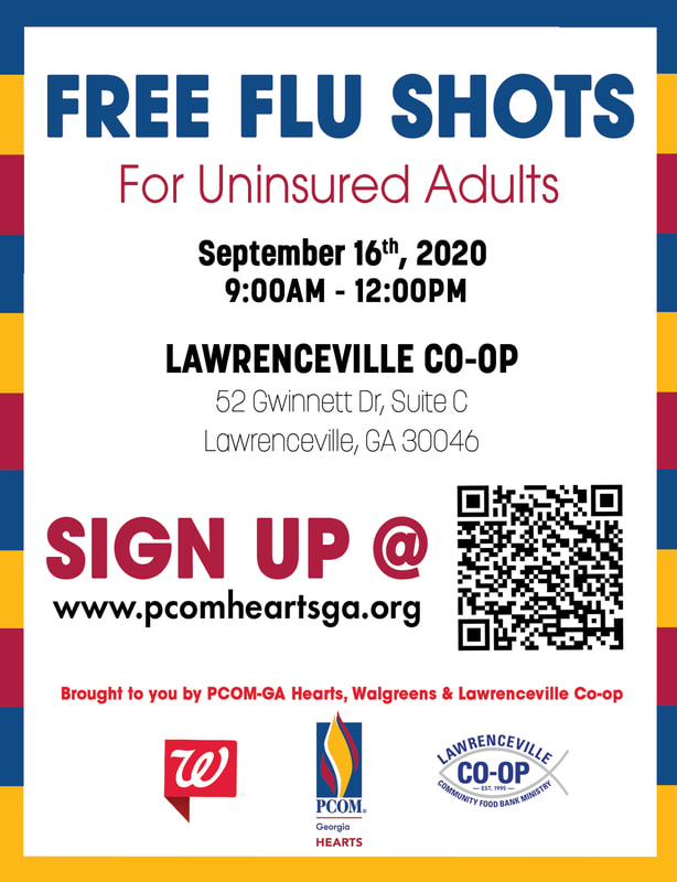 Image of a flyer showing the free flu shot clinic for uninsured adults being held by the PCOM HEARTS Club on Wednesday, September 16 at the Lawrenceville Cooperative Ministry.