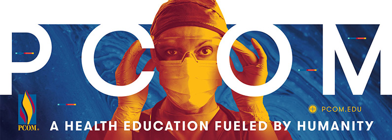 PCOM outdoor billboard digital art showing a physician wearing protective surgery gear