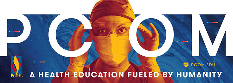 PCOM's outdoor billboards, advertising campaigns and other marketing projects were recently awarded higher education marketing awards. PCOM outdoor billboard digital art showing a physician wearing protective surgery gear