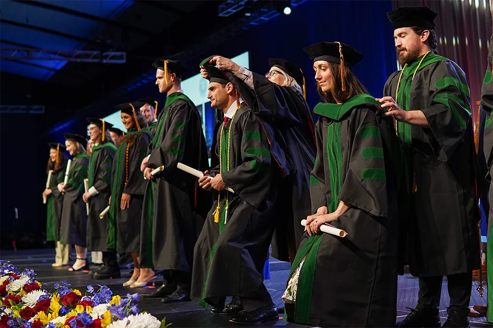 DO graduates wearing caps and gowns are hooded on stage by faculty members during a PCOM 2025 Commencement ceremony