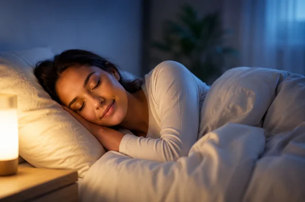 Young woman lays in bed resting head on pillow