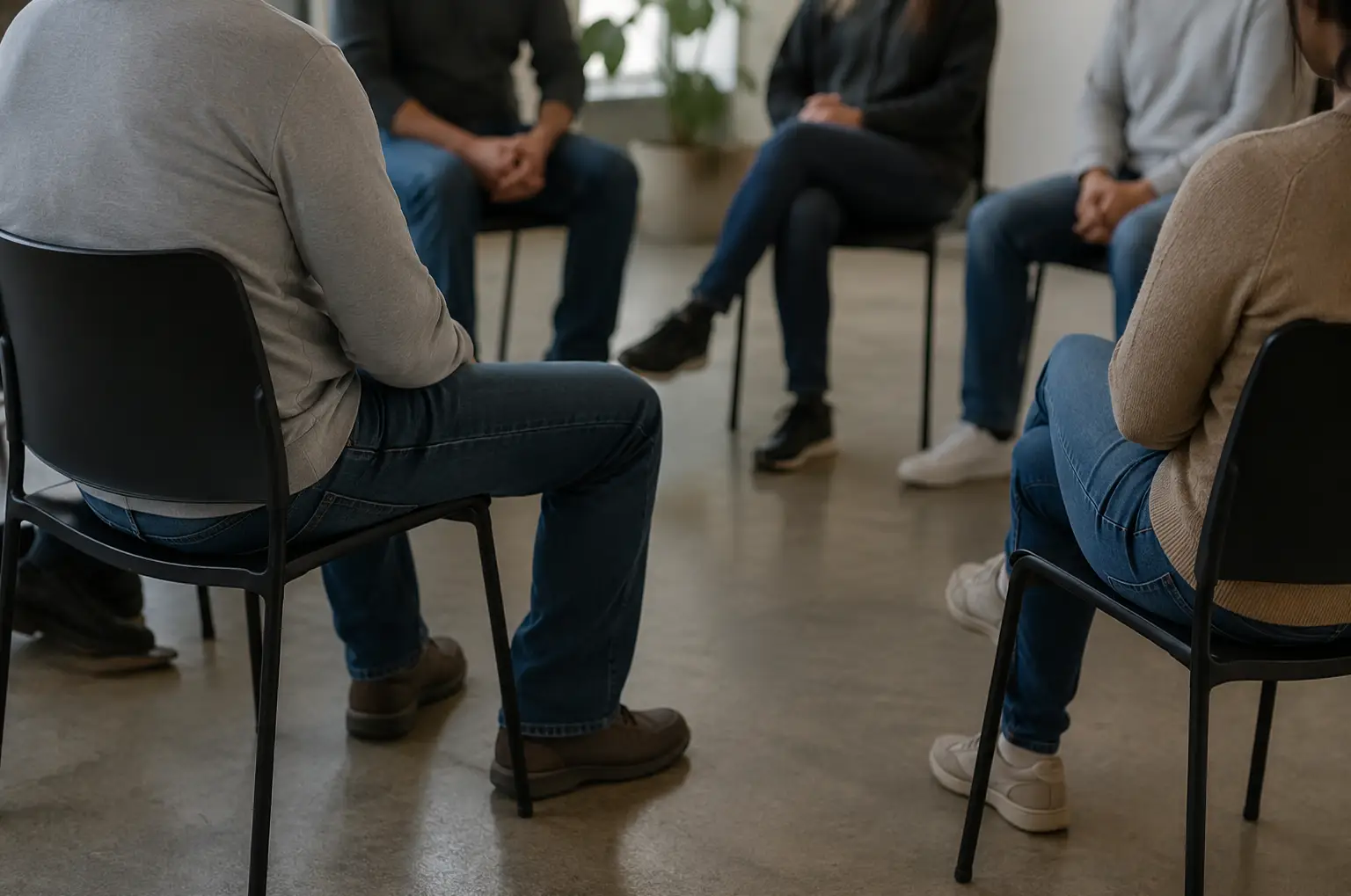 Five people sitting in chairs in a circle.