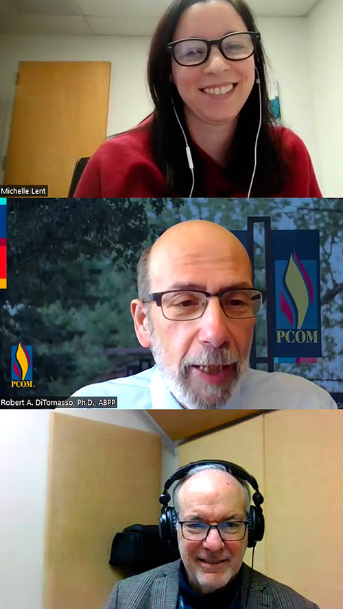Virtual meeting screenshot with views of Michelle Lent, PhD, Robert DiTomasso, PhD, and Jay Feldstein, DO during a PCOM Perspectives podcast recording about the JIPC