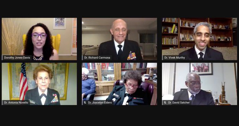 Screenshot of five former US Surgeon Generals participating in a video conference during the debut of the documentary film Open Season: Racism and Health Disparities, The Two Deadliest Diseases in America