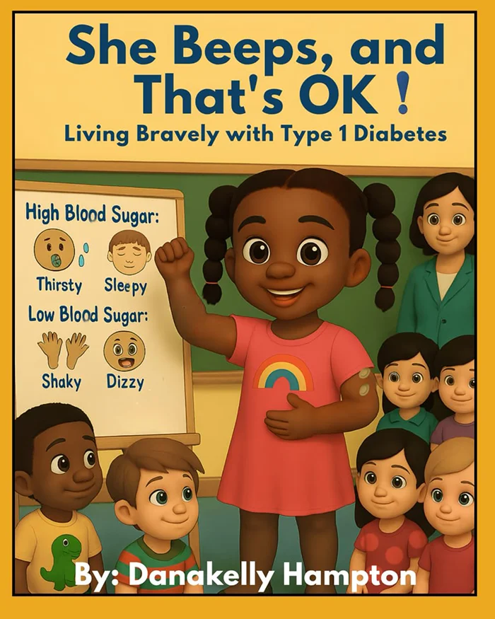 Cover image of 'She Beeps, and That's OK!' featuring a group of cartoon school kids