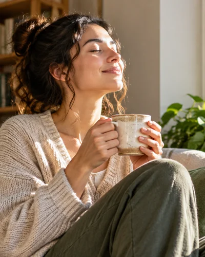 Young woman sips from coffee cup and smiles while relaxing on a couch
