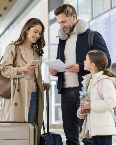 Family looks at travel itinerary at airport