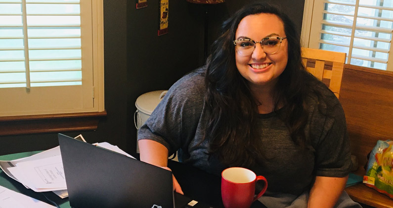 PCOM South Georgia medical student Sadie Daugereaux (DO ‘23) smiles as she participates in an online medical school class.