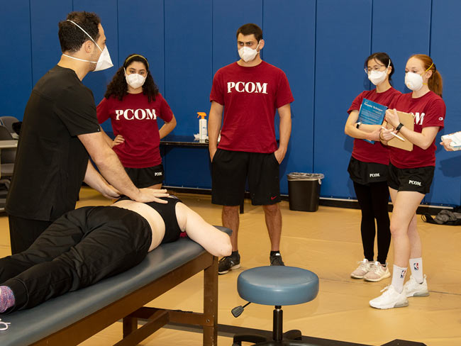 A clinical scholar shows an OMM technique to medical students at PCOM.