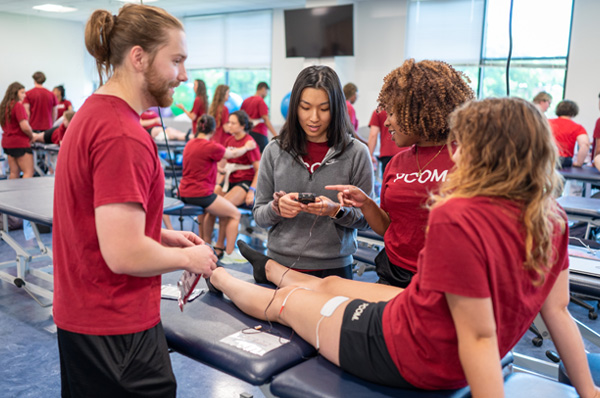PCOM Georgia physical therapy students smile as they participate in hands-on learning exercises.