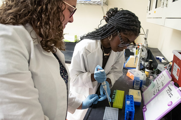 A grad student and faculty member smile as they conduct research in a PCOM biomedical sciences lab