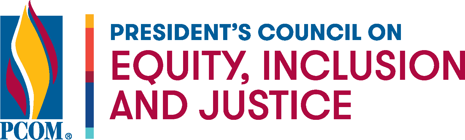 Logo with PCOM flame and text reading "President's Council on Equity, Inclusion and Justice"