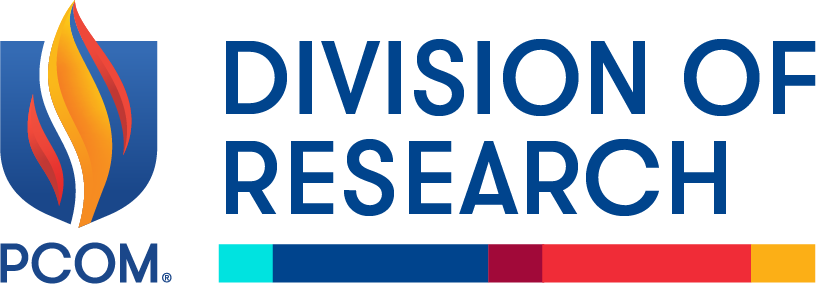 PCOM flame and shield logo plus the Division of Research department text