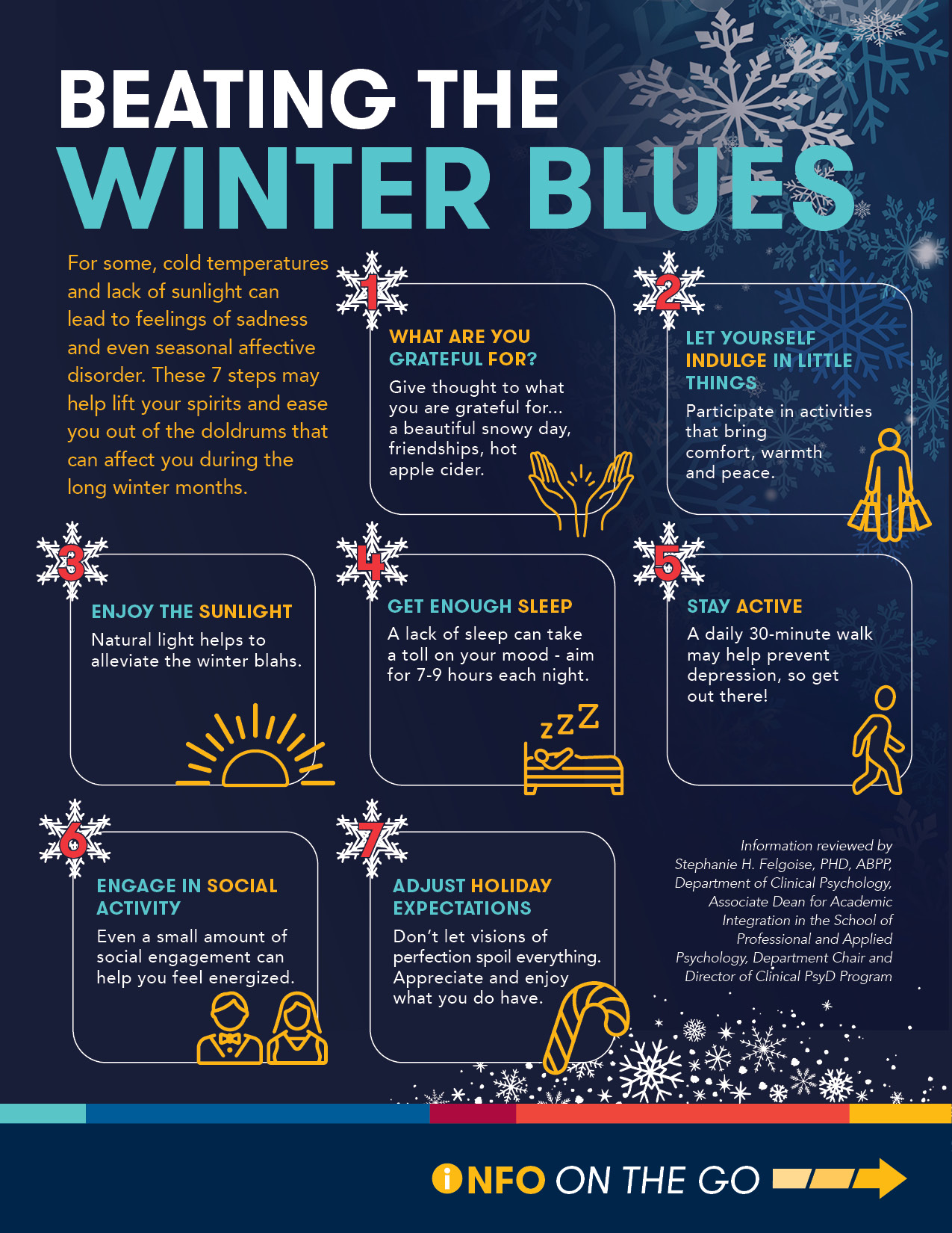 Infographic showing snowflakes and activities icons and seven tips for alleviating seasonal depression through exercise, social activity, sleep and more.