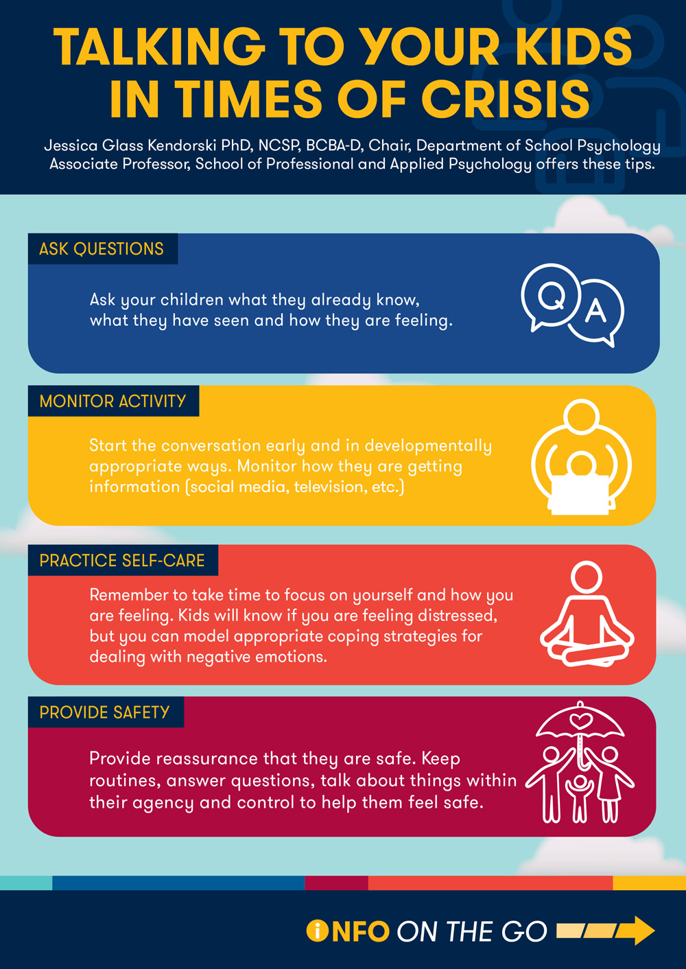 Infographic showing text and icons related to tips for managing childhood stress