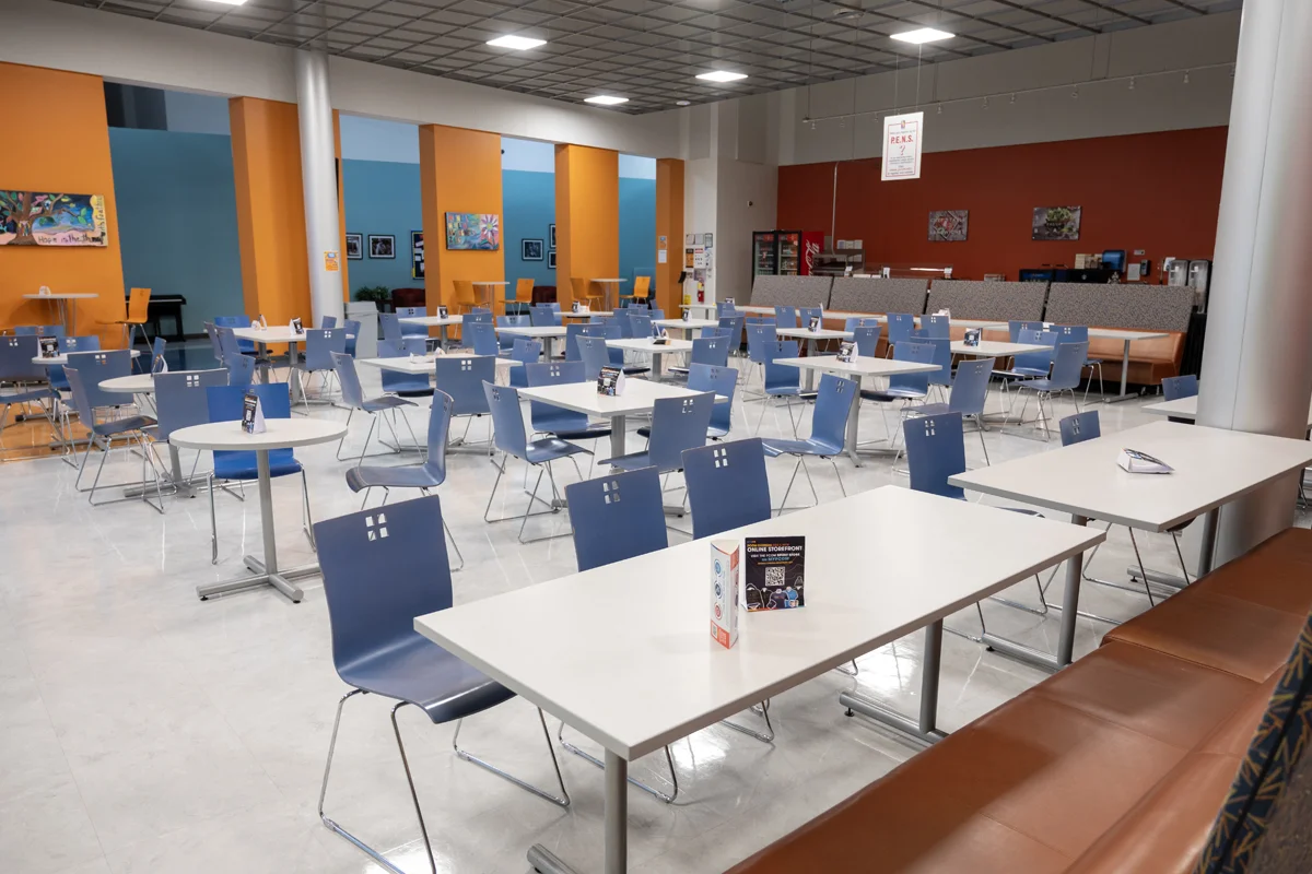 Wide view of the dining area within the PCOM Georgia Atrium