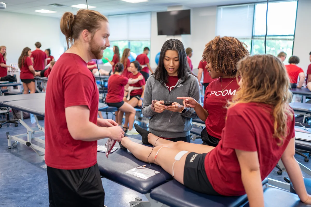 DPT students and faculty smile during an exercise in a lab
