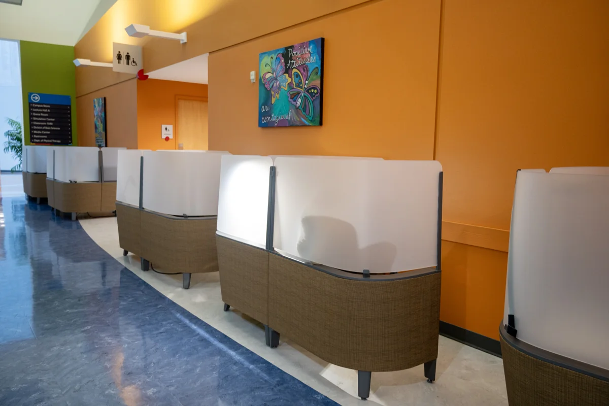 Study pods in PCOM Georgia's main hallway