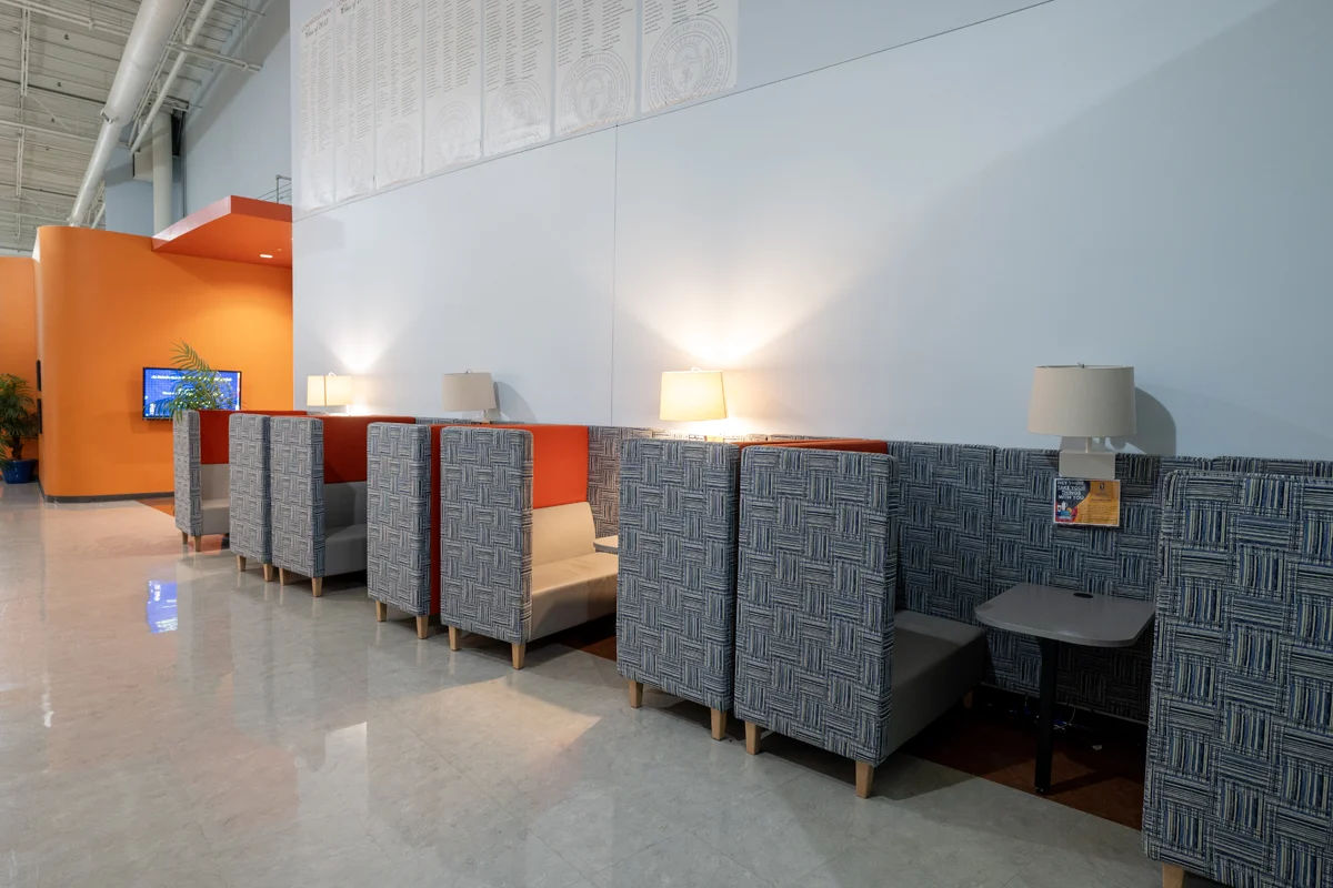 Study cublicles on the sides of PCOM Georgia's hallways