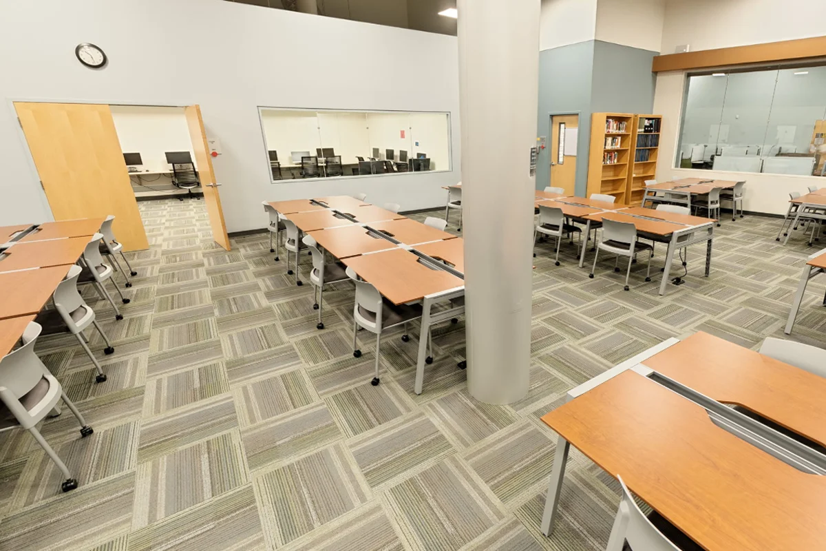 Wide view of the main room of the Information Commons