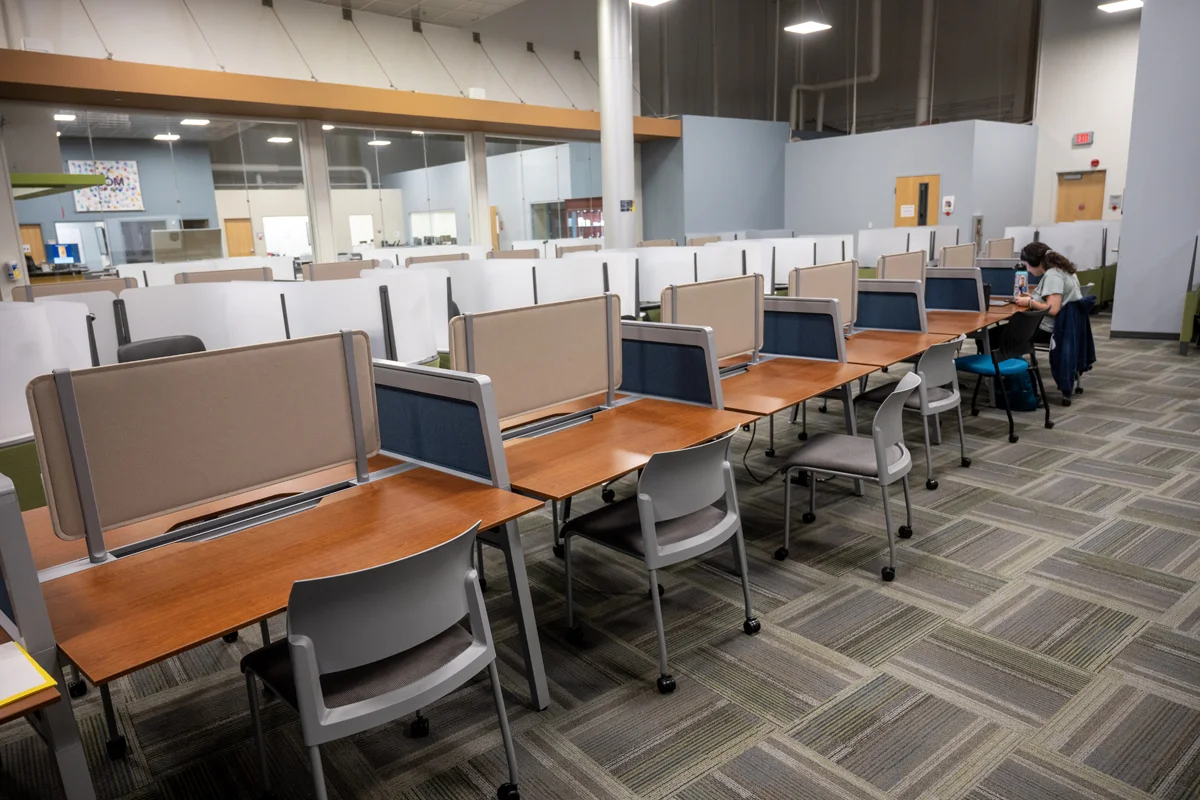 Rows of study cublicles within the PCOM Georgia library