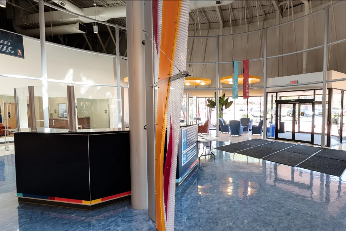 Wide view of the front lobby of PCOM Georgia's main Old Peachtree Building