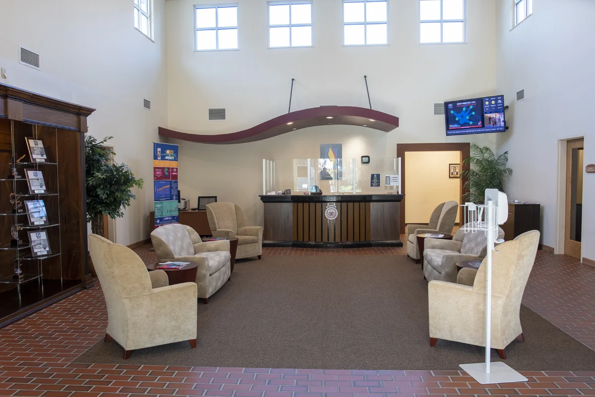 Interior shot of the main lobby, seating, front desk and furniture in the Northlake building