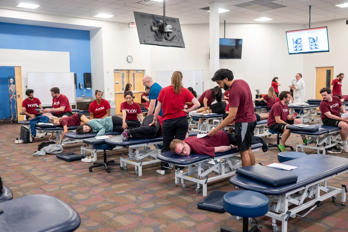 Med students practicing OMM techniques in the laboratory classroom setting