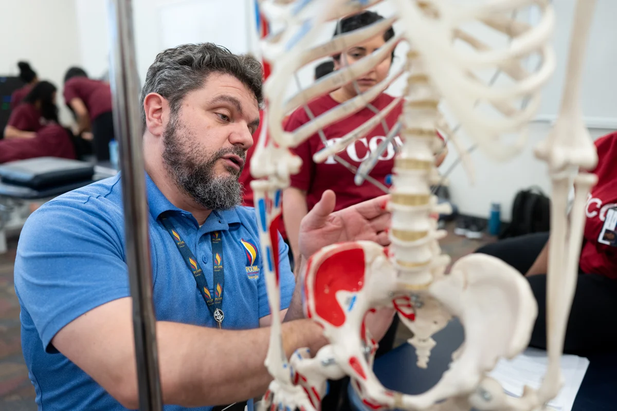 A PCOM Georgia OMM faculty teaches a med student on a skeleton model in the OMM lab