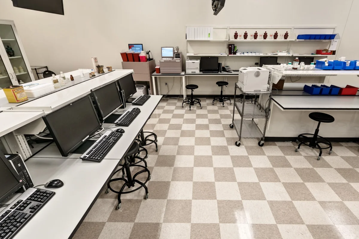 Computers, tables and equipment in the Pharmacy Practice Lab