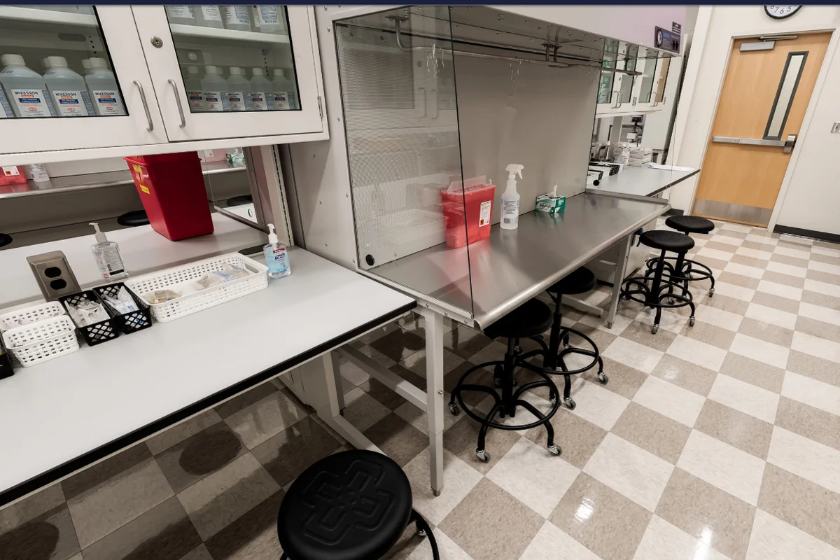 Wide view of the bays within the pharmacy sterile products lab