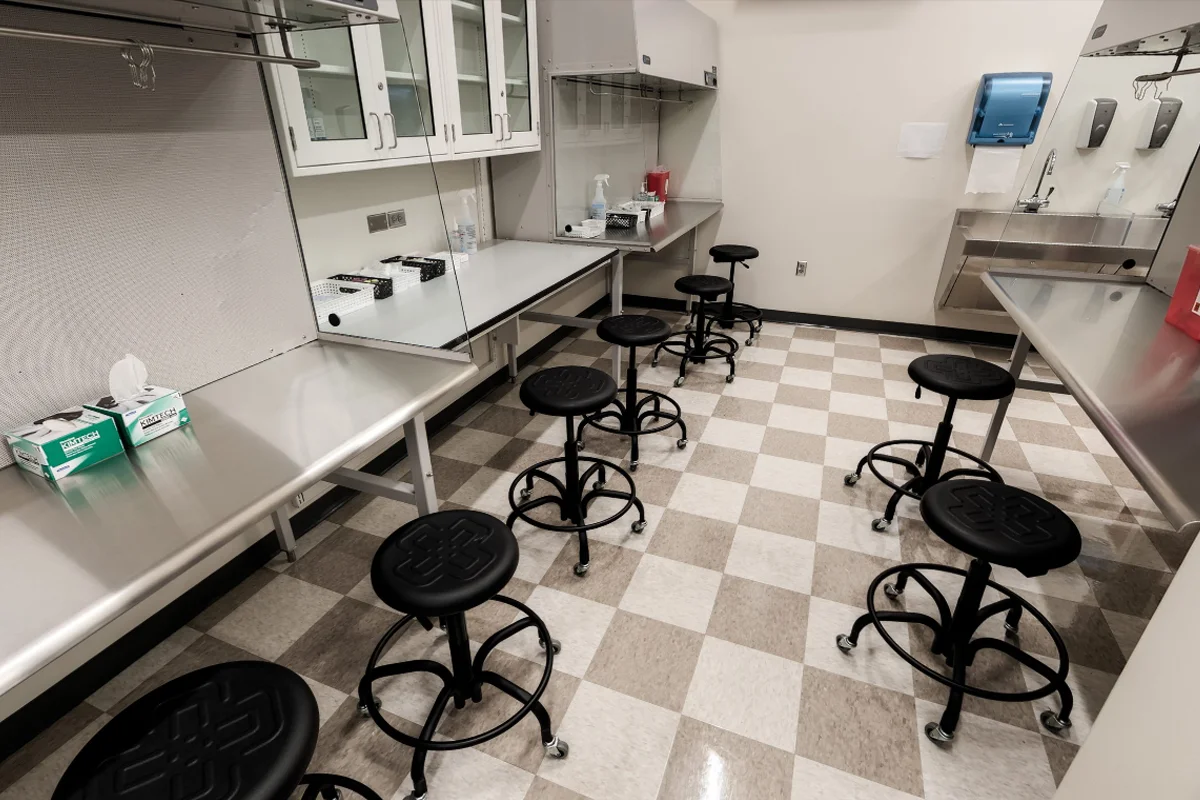 Wide view of the bays within the pharmacy sterile products lab
