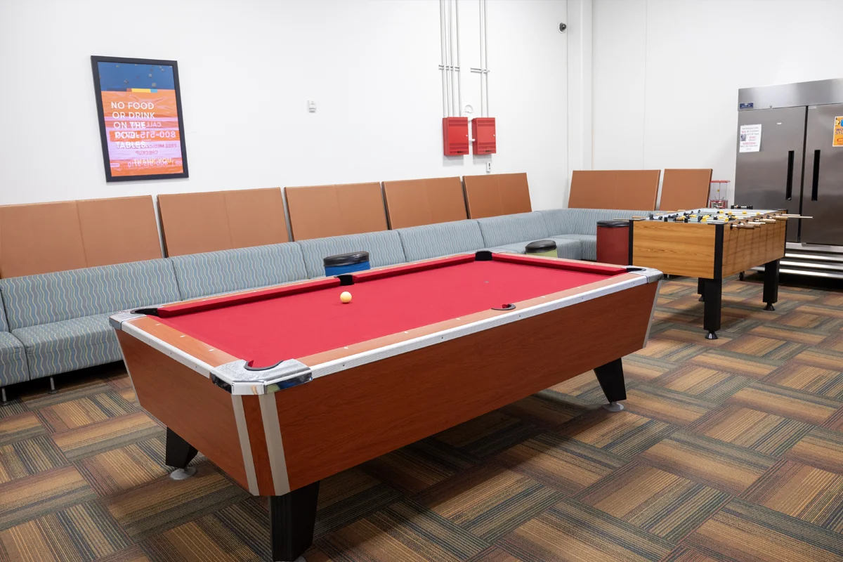 Billiards table and lounge seating in the rec room