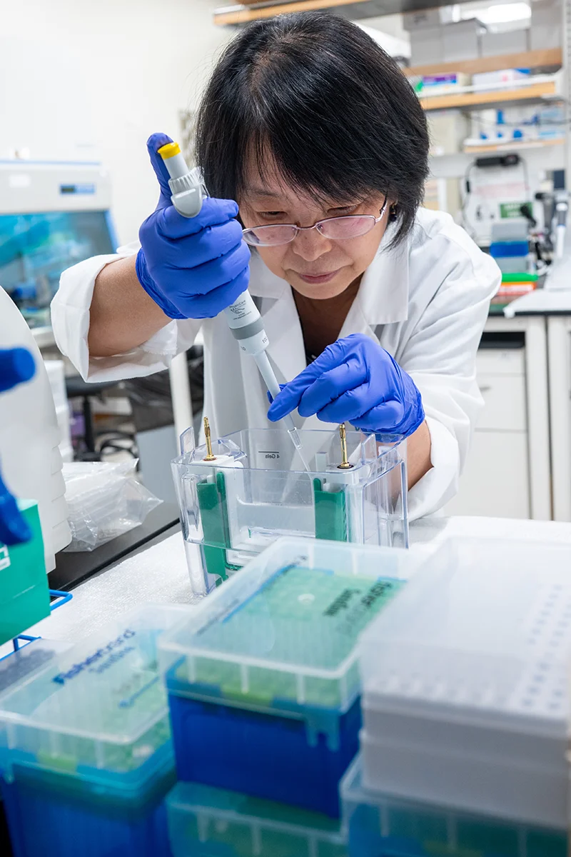 Faculty researchers working with equipment