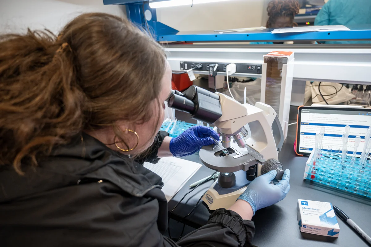 Medical laboratory science student using a microscope