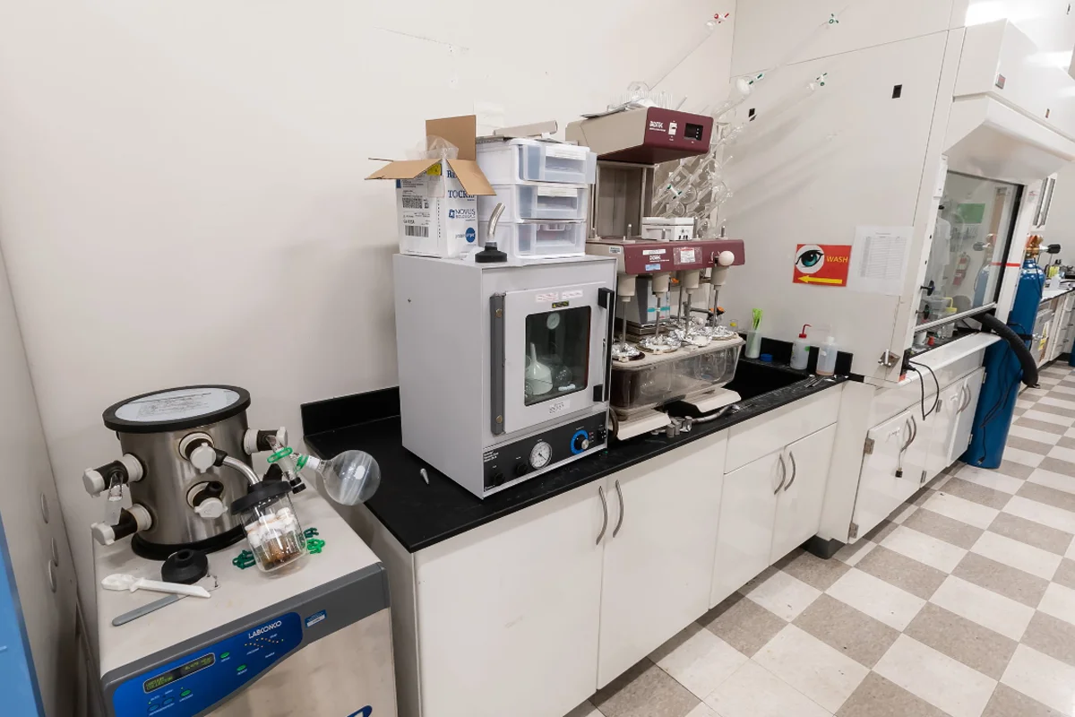 Wide shot of the tables and equipment of a PCOM Georgia research lab