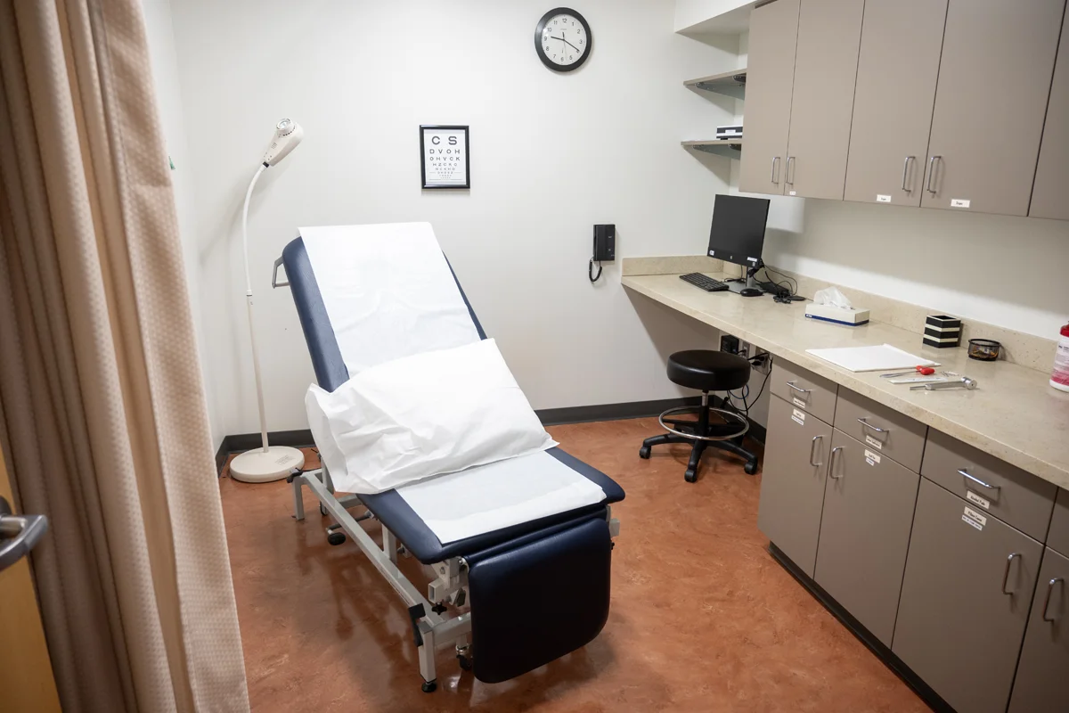 Patient exam room and table in the sim center