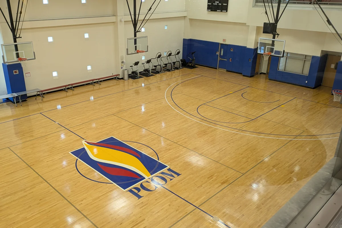 High shot of the basketball court and gym floor