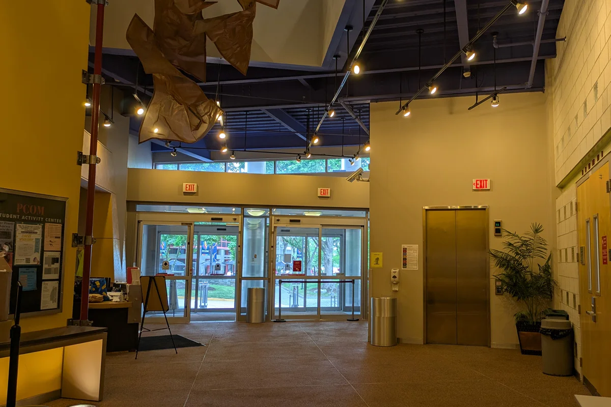 Wide view of the front lobby of the PCOM Activities Center