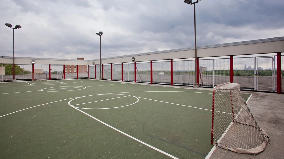 Hockey nets on the PCOM Activities Center rooftop court
