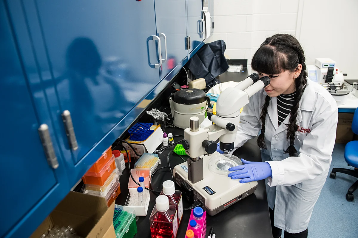 A student smiles as she uses a microscope on a workstation table in the bioimaging lab