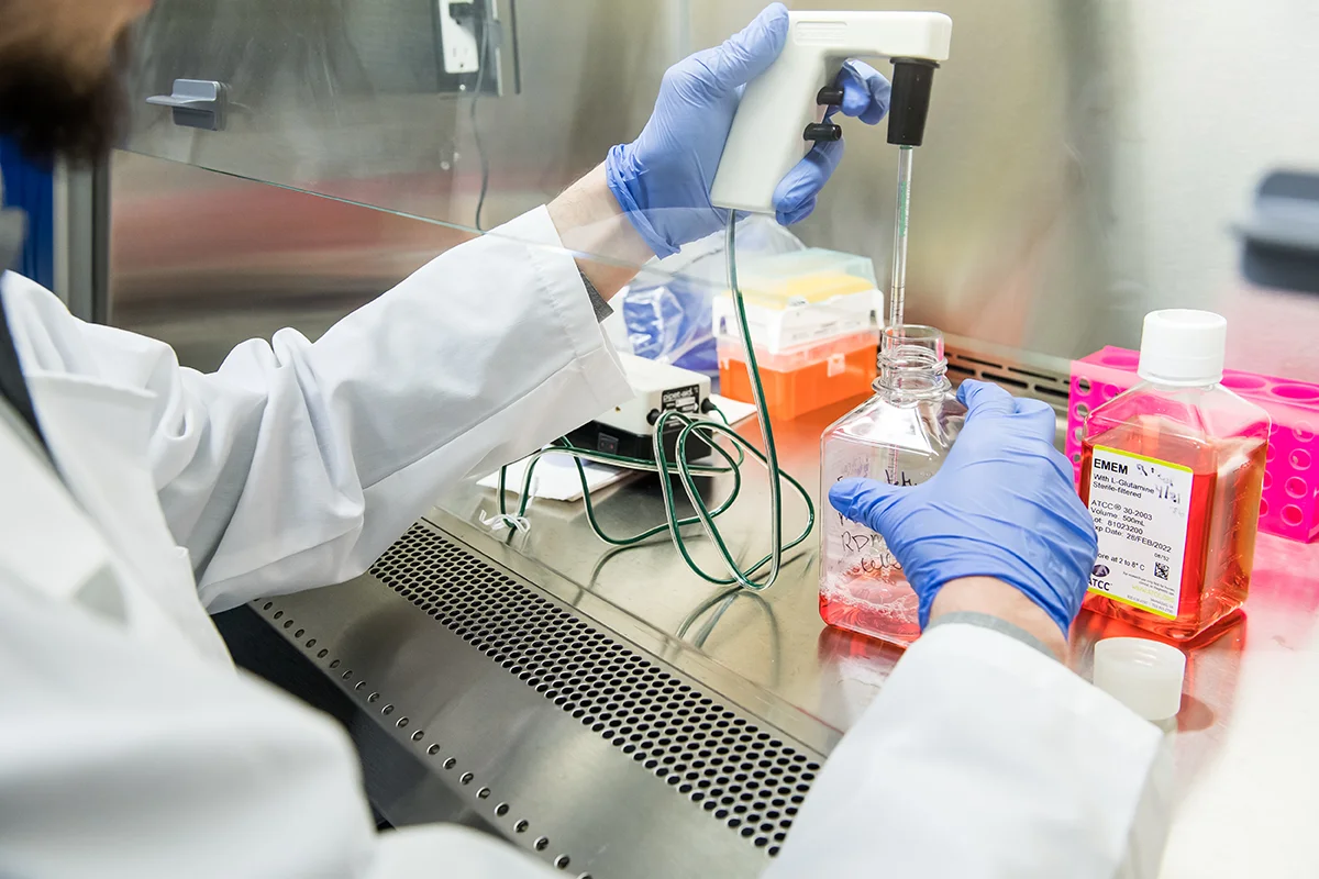 Close shot of a student's hands working with substances behind safety glass in a research laboratory