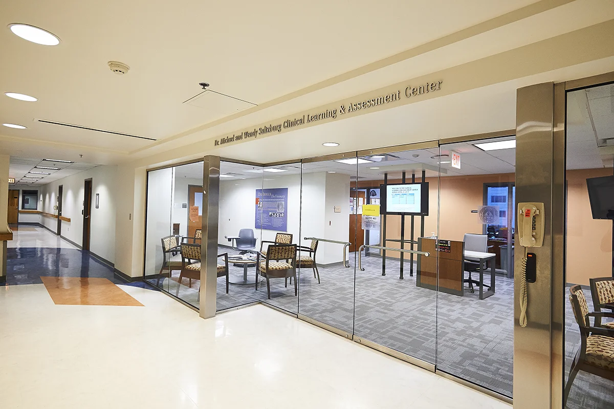 Wide view of the PCOM Saltzburg Simulation Center's main hallway and front doors