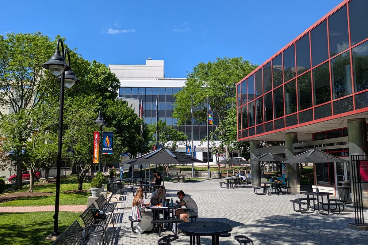 Students sitting and studying and a wide view of the courtyard and buildings
